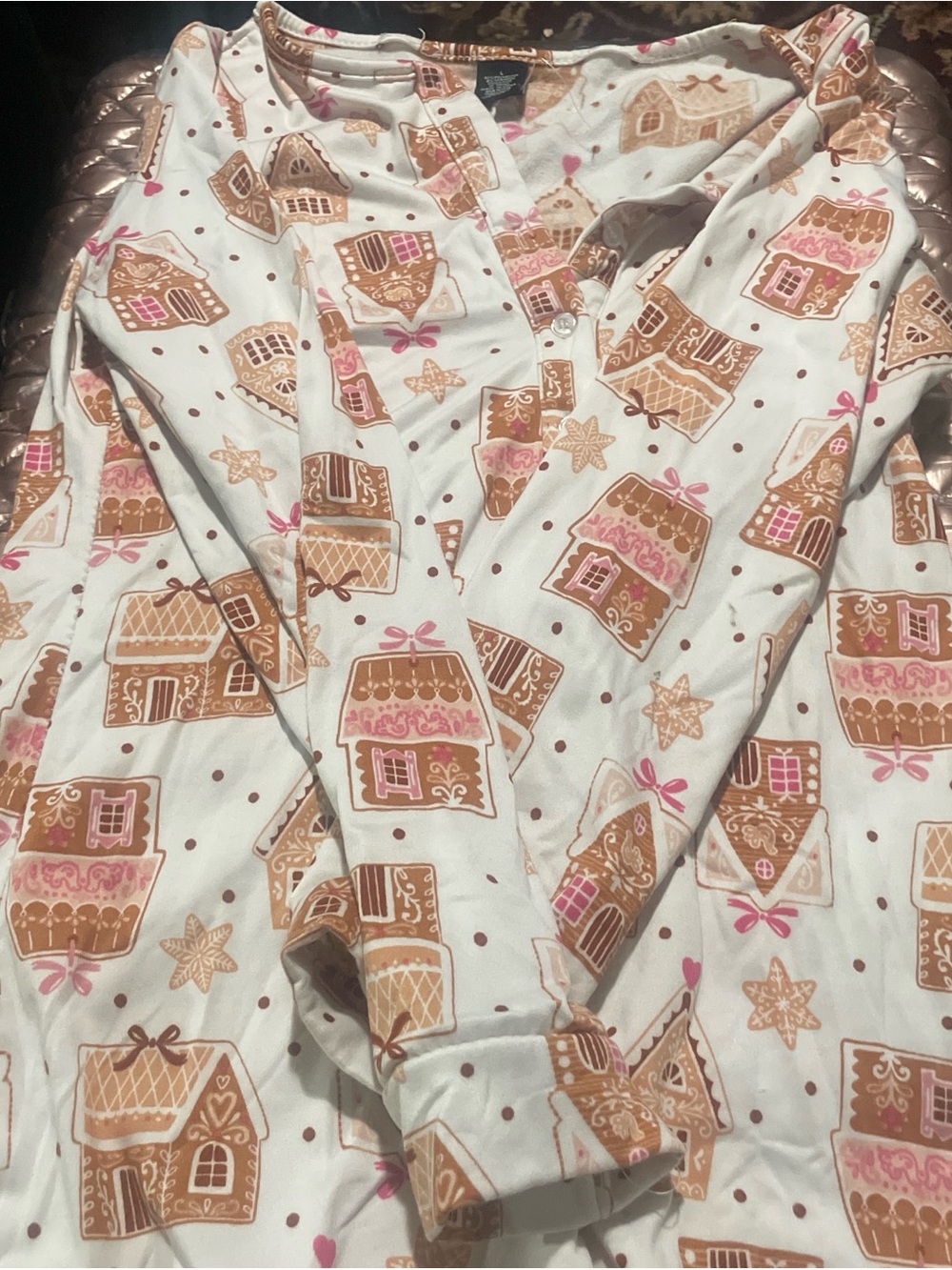 Gingerbread House Print Cozy Pajama Top - Cream with Pink & Brown